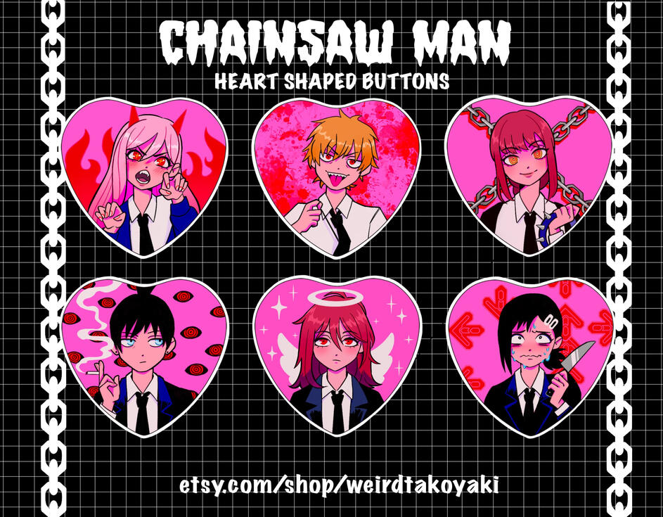 Chainsaw Man Heart Shaped Buttons – weirdtakoyaki